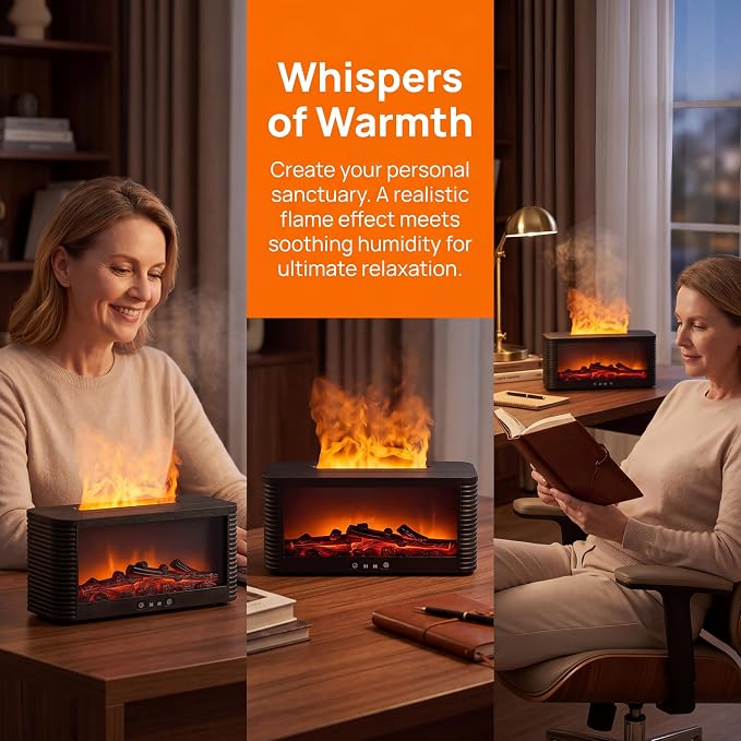 250ML Fireplace Flame Aroma Diffuser, Simulated Fire Effect Essential Oil Diffuser Humidifier with 9 Colors Changing LED Lights, 3H/6H Auto Shut-Off Timer, for Home Bedroom Office, Black