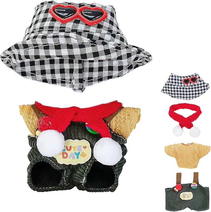 Doll Clothes for 17cm Dolls, Cute Outfit Set with Accessories, Bucket Hat and Overalls (No Doll) (Green Overalls Set)