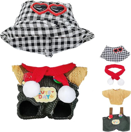 Doll Clothes for 17cm Dolls, Cute Outfit Set with Accessories, Bucket Hat and Overalls (No Doll) (Green Overalls Set)