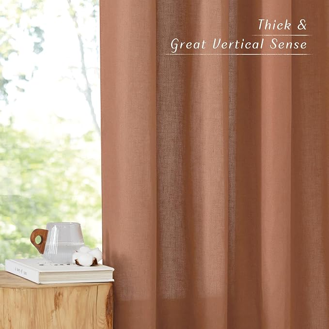 NICETOWN Caramel Linen Curtains for Kitchen, Thick Flax Small Window Treatments Semi Sheer Privacy Assured with Light Through for Cafe/Bathroom, W42 x L84, 2 Panels