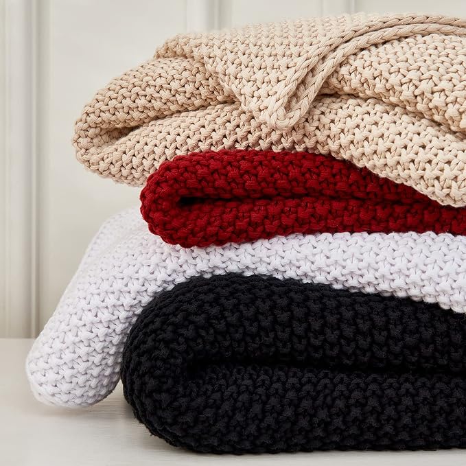 Chunky Cable Knit Throw Blanket Lightweight Burgundy 100% Organic Cotton Blanket for Sofa Couch Bed Baby Nursery, Rustic Shabby Chic Modern Farmhouse, 51” x 63” Give Laundering Bag