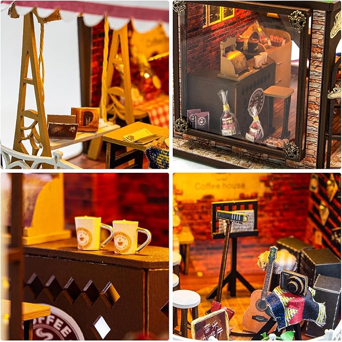 Foyucool DIY Miniature House Kit, Dollhouse Kit with LED Light, Mini House Building Kits for for Adult to Building, Christmas Home Decorations Gifts for Family and Friends, Coffee Bar