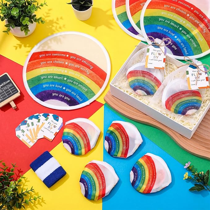 HyDren 18 Set End of The Year Gifts Rainbow Flying Disc Foldable Fans Bulk with Inspirational Card Organza Bag Beach Flying Disc for Fun Graduation Summer Birthday Party Favors Outdoor Activity Game