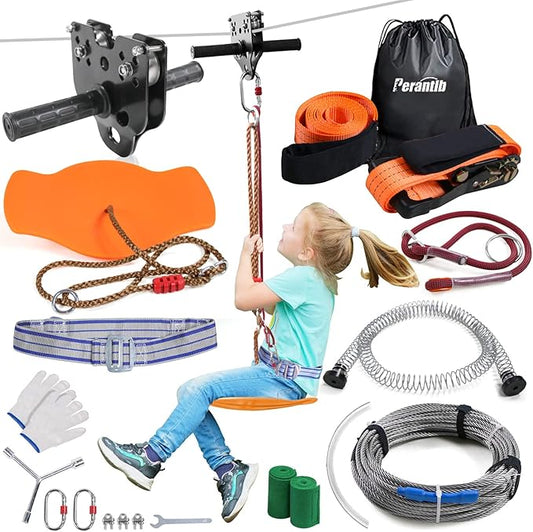 Zipline for Backyard Kids and Adults,Zipline Kits for Backyard with 80ft Cable,6ft Zipline Spring Brake and Belt,Zip line Trolley with Handle,seat and Bag