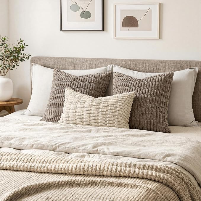 MIULEE Lumbar Corduroy Decorative Throw Pillow Covers 22x14 Cream White | Pack of 2 Soft Boho Striped Pillow Covers Modern Farmhouse Home Decor For Sofa Living Room Couch Bed