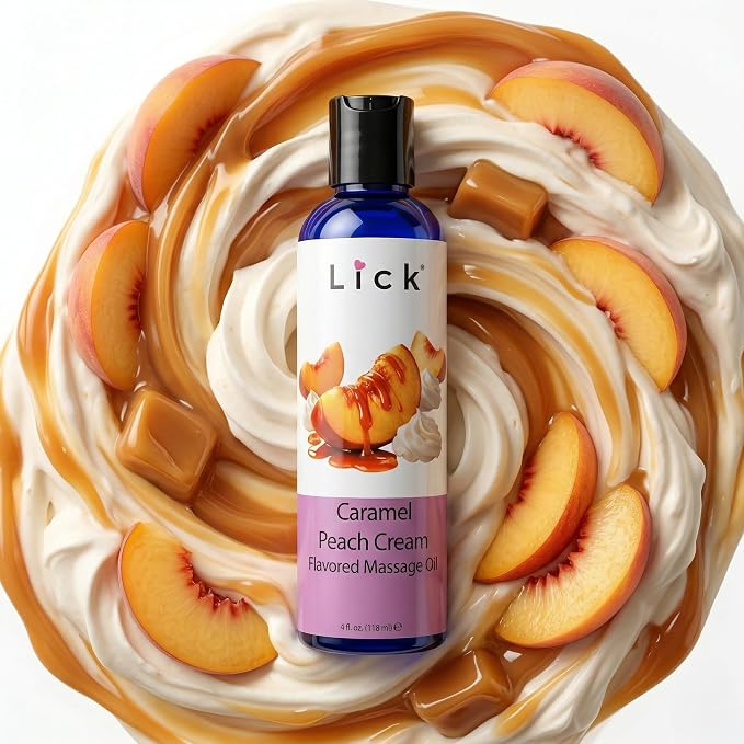 Lick Caramel Peach Cream Flavored Massage Oil – Tropical Edible Massage Oil with Sweet Almond Oil & Vitamin E, Hydrating Body-Safe Formula for Relaxing Couples Massage, 4 oz