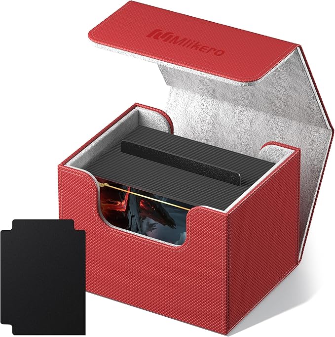 Mlikero Card Deck Box, Commander Deck Box Holds 100+ Double-Sleeved Cards with 2 Dividers, Leather Magnetic Closure Card Box Fit for MTG, TCG (Red)
