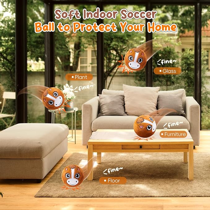 Silent Indoor Soccer Balls for Toddlers, Inflatable Soft Plush Baby Toddler Soccer Ball Toys Gifts for 0+Year Old Boy Girl First Birthday Gift (Pony, Pump Include)