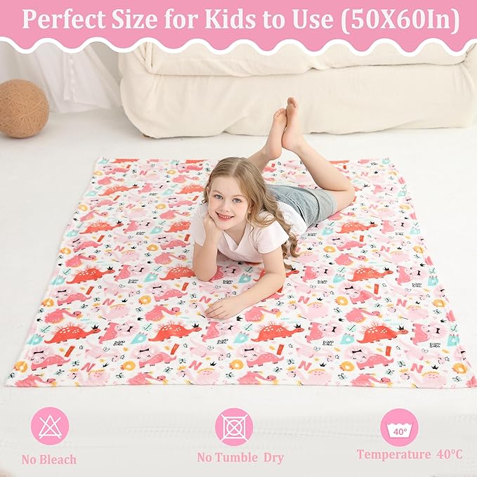 Softan Kids Throw Blanket for Girls & Boys, Warm Soft Toddler Flannel Blankets for Sofa Couch Bed， Cozy Fuzzy Plush Flannel Kids Throw Blanket for Daycare & School - Pink Dinosaur 50x60 inches