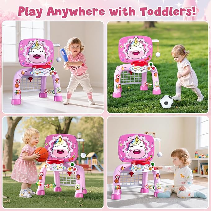 Toddler Basketball Hoop Tball Set & Soccer Goal - Unicorn Sport Toys for 1 Year Old Girl with Learning Activities (Abacus/Alphabet/Animals Sounds) Christmas Birthday Gifts for Baby Girl Age 1 2 3