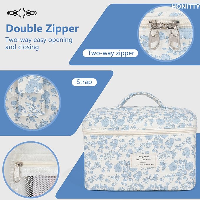 honitty Makeup Bag,Quilted Cosmetic Bags,Large Floral Make Up Bags for Women, Makeup Organize,Flower Travel Toiletry Bag