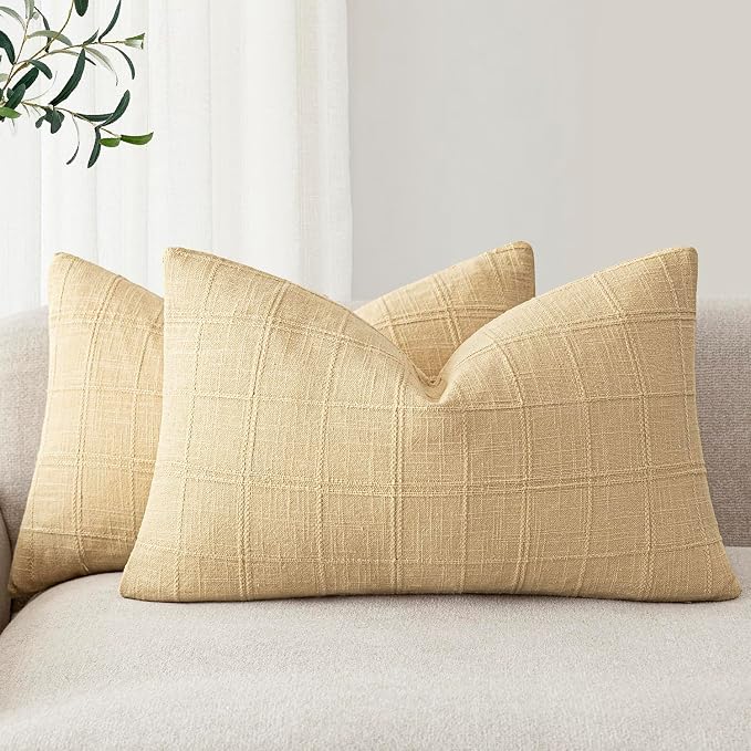 Foindtower Set of 2 Decorative Linen Check Throw Pillow Covers Neutral Farmhouse Lumbar Cushion Covers Modern Boho Accent Home Decor for Sofa Chair Couch Bedroom Living Room,12×20 Inch,Light Yellow