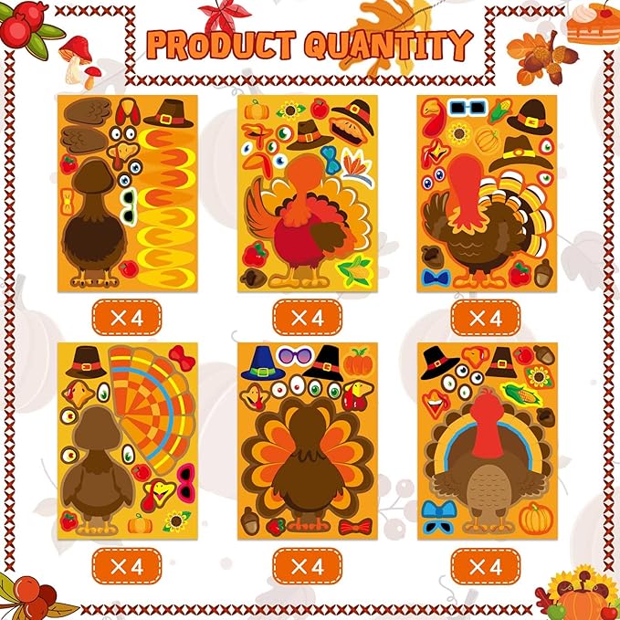 Make a Turkey Stickers 24PCS Thanksgiving Stickers for Kids Turkey Face Sticker Make Your Own Turkey Sticker Thanksgiving Party Favors DIY Crafts Stickers Classroom Teacher Reward