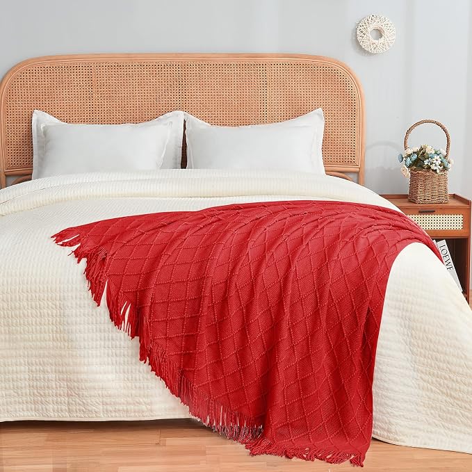 inhand Red Knitted Throw Blanket for Couch and Bed, 50"x60" | Gifts for Mom from Daughter Son, Soft Lightweight with Tassels, Farmhouse Warm Decorative Blanket for Women, Cozy Knit