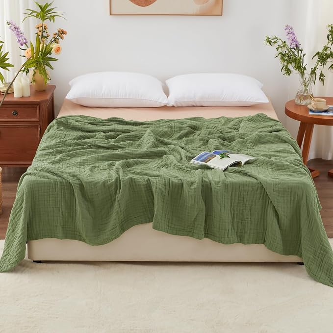 Love's cabin 100% Cotton Muslin Blanket, 6 Layer Lightweight Breathable Gauze King Size Blanket 108 x 90 Inches, Soft Summer Blanket for Bed, Sage Green