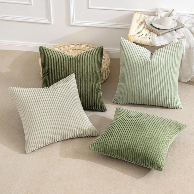 MIULEE Soft Corduroy Decorative Throw Pillow Covers Light Green 18x18 | Set of 4, Mordern Nordic Decor, Light Green Gradient Matching, Boho Farmhouse Cushion Covers for Couch Bed Sofa Living Room