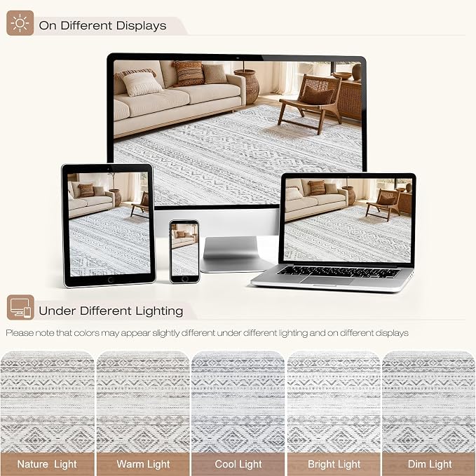 cotiled 8x10 Area Rugs Living Room Rug: Washable Boho Rugs with Non Slip Backing Large Soft Indoor Stain Resistant Carpet for Bedroom Farmhouse Dining Room Lightweight Home Decor Light Grey
