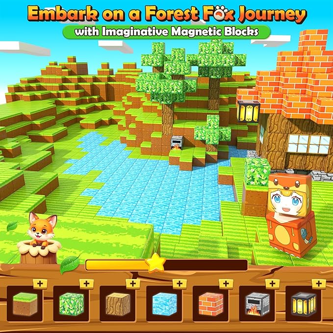 100PCS Magnetic Blocks - Build Mine Magnet World Froest Fox Adventure Set, Magnetic Toys Kids Games for Boys & Girls Age 3-5 5-7 8-12, Sensory Construction Outdoor Toys for Toddlers Birthday Gifts