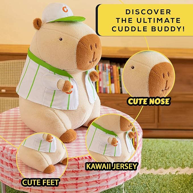 13.7 Inch Cute Animal Capybara Plush Toy with Green Baseball Jersey, Cute Animal Plush, Cute Doll Gift for Kids for Girls/Boys, Kawaii Anxiety Stuffed Animal Plushie, Bedtime Huggable Companion