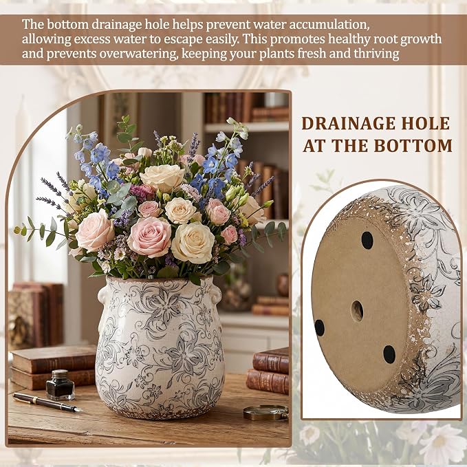 Ceramic Scroll Planter 6.5 Inch Chinoiserie Floral Vase with Drainage Holes Vintage Flower Vase Flower Pot Rustic Ceramic Pots for Indoor Plants Garden Home Bookshelf Decor(Gray Camellia)