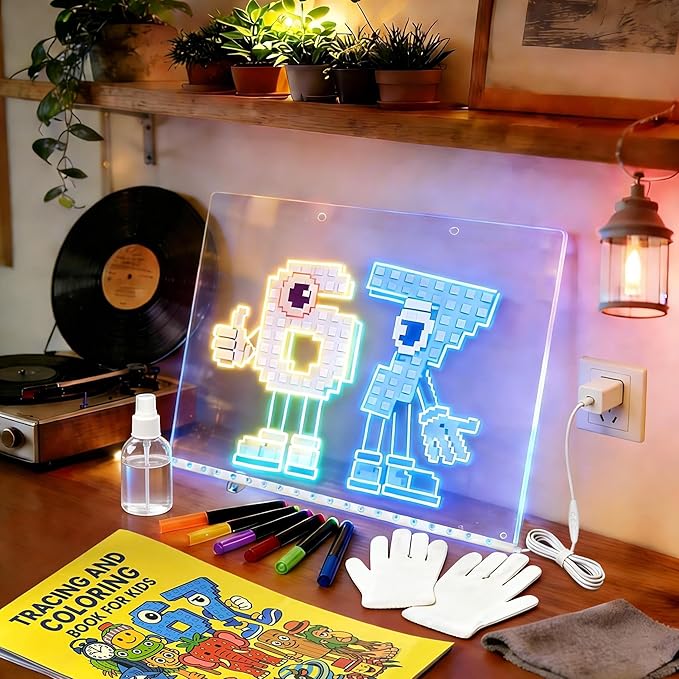 2026 LED Drawing Board for Kids Ages 6+, 1 Pack 13.7" x 9.75" Plug-in Light Up Dry Erase Board with Colors, 7 Color Modes, Stand, Markers, Spray Bottle & Italian Brainrot Tracing Booklet