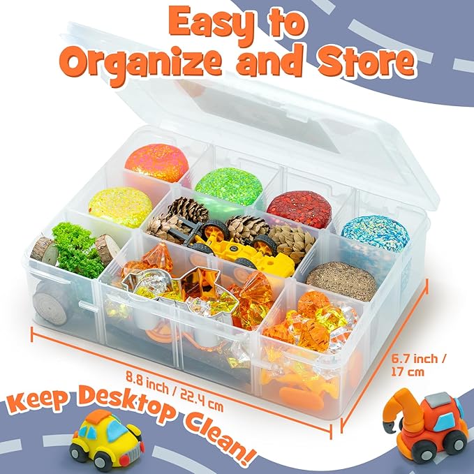 SIMPLIPLAY Construction Sensory Kit with 6 PCS 18oz Glitter Doughs & Accessories(About 80pcs), Color Dough Set, Construction Boy Sensory Kit with Toy Trucks for Kids Toddlers Creative Gift