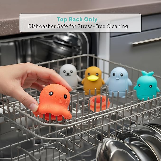 Ocean Friends Bath Toy Set, 6-Piece Silicone Baby Bath Toys for Ages 9 Months+, Soft Food-Grade Silicone, Easy to Clean, Cute Ocean Animals