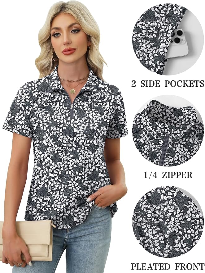 LOMON Womens Golf Polo Shirt Summer Short Sleeve Quarter Zip Outfit | Side-Pockets,Princess Seams,Cotton,Wrinkle Free,Moisture Wicking,Quick-Dry,Lightweight,Collared,for Tennis Workout