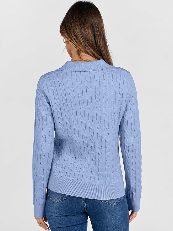 ANRABESS Womens Cable Knit Sweaters Long Sleeve V Neck | Pullover Collared Sweater Tops, Polo Knit Shirts, Business Casual Work, Tennis Golf, Fall Winter Fashion Outfits