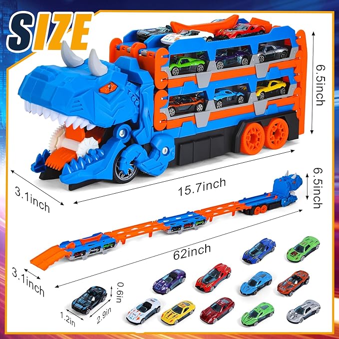 MUGEYMYD Dinosaur Toys Car Race Track Set for Toddlers 3-12, City Transport Truck with 12 Die-Cast Cars, Transforming Dino Truck Set with Foldable Tracks and Swallow, Gift for Boys and Girls.