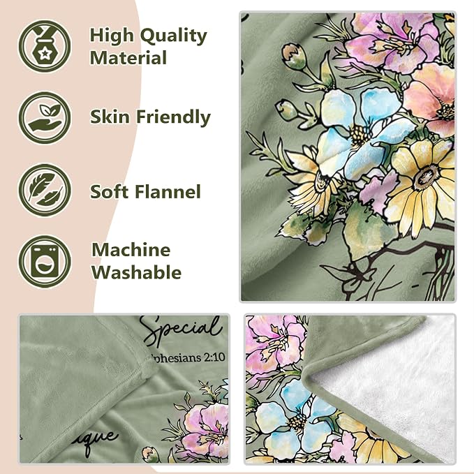 Christian Religious Gifts for Women, Birthday Gifts for Women Mom Sister | Christmas Baptism Confirmation Spiritual Gifts for Girl daughter Grandma, Throw Blankets with Flowers 60''x 50'', Sage Green