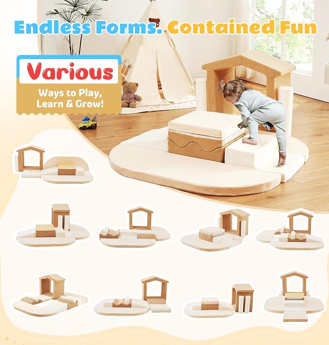 Elftopia 10-Piece Foam Climbing Blocks with Ramp & Stairs for Toddlers,Soft Play Gym Set,Foam Toddler Climbing Toys for Indoor Crawling,Sliding & Creative Play-Classic Color