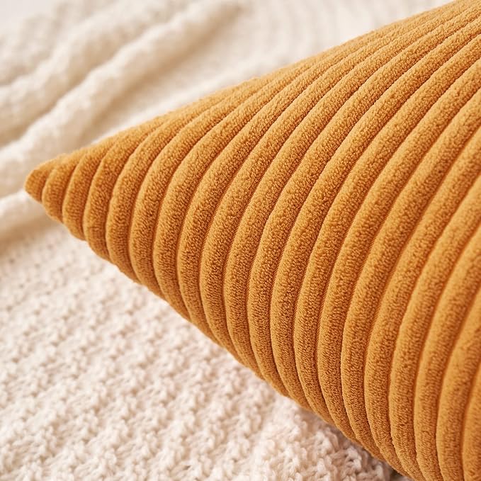 MIULEE Fall Soft Corduroy Throw Pillow Covers Set of 2 16x16 Burnt Orange | Decorative Striped Textured Cushion Cases, Boho Rustic Square Pillowcases, Home Decor for Couch Chair Sofa Bed Living Room