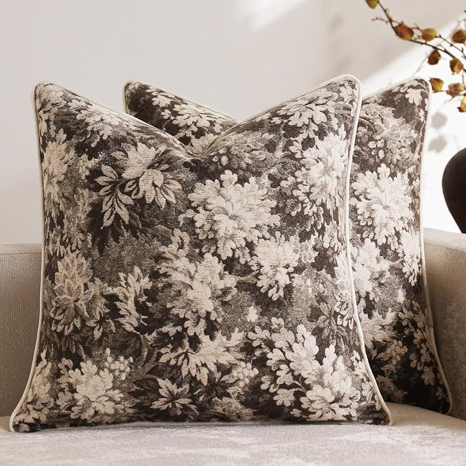 Pack of 2 Vintage Floral Throw Pillow Covers 20x20 Boho Farmhouse Accents Chenille Square Decorative Pillow Cases for Living Room Couch Bed Home Decor, Grey