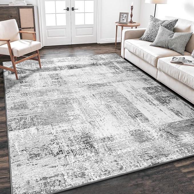 Rugflix 5x7 Area Rugs for Living Room, Washable Grey Large Rug | Machine Washable; Stain-Resistant; Low Pile; Non-Slip; Modern Abstract; Black Carpet for Bedroom Dining Office Nursery Home