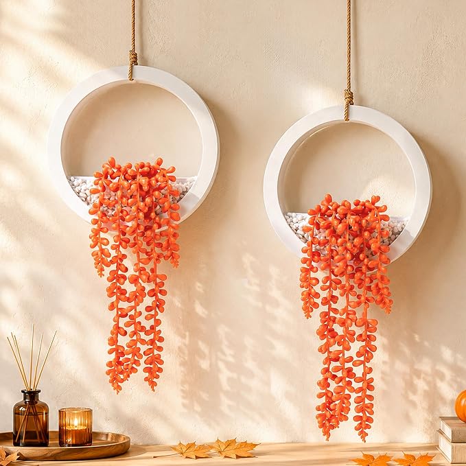 Der Rose 2 Pack Autumn Artificial Hanging Plants for Fall Wall Decor | Cascading string of pearls, warm autumn color, space-saving hanging design for bathroom kitchen shelf boho fall decor