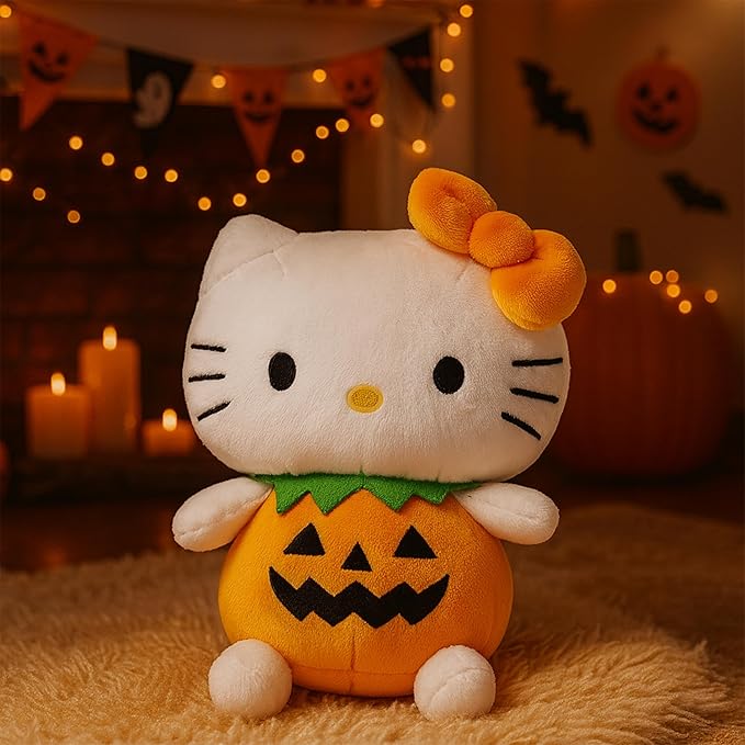 7-Inch Halloween Pumpkin Cat Plush, Soft and Cute Kitty Stuffed Animal, Adorable Halloween Decoration and Gift (White)