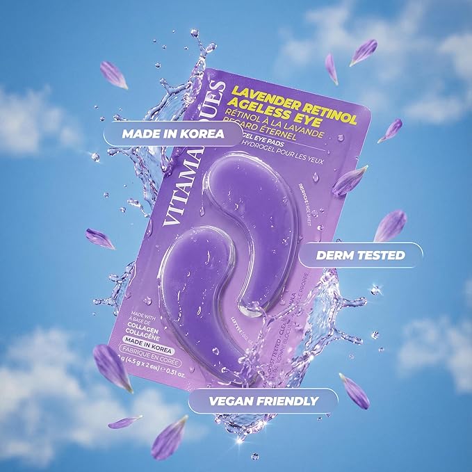 Vitamasques Lavender Retinol Anti Aging Hydrogel Eye Patches for Puffy Eyes and Dark Circles - Under Eye Mask with Collagen Patches for Wrinkles | Korean Skincare Brightening Eye Pads 3 Pack