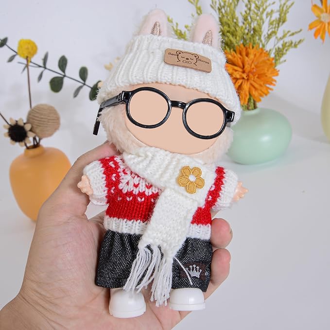 Knit 17cm Doll Clothes Accessories Set Include: 1 Hat, 1 Sweater, 1 Pants, 1 Scarf, 1 Glasses and 1 Shoes for Dress up Your Dolls (Doll Not Included), Knit #2