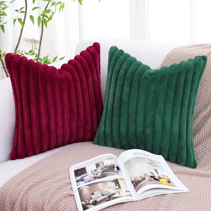 decorUhome Fall Faux Fur Throw Pillow Covers 12x20 Set of 2 Christmas Green | Decorative Soft Cozy Striped Plush Modern Farmhouse Boho Couch Pillow Cases Velvet Back for Sofa Bed Living Room Home Decor