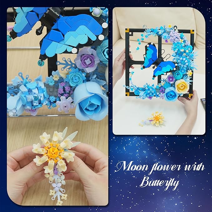 Moon Flower Building Set with Lights, 1141 PCS Wall Botanical Flowers Building Block Kit with Butterfly, Floral Plant Collection Office Home Decor, Gift for Her Adults Women Boys Girls 12+