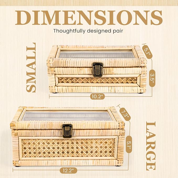 Rattan Decorative Box with Lid & Secure Lock | Decorative Box with Lids for Home Decor | Rattan Display Box | Boho Storage Box | Wicker Basket Organizer | Includes 10x Non-Scratch Felt Pads