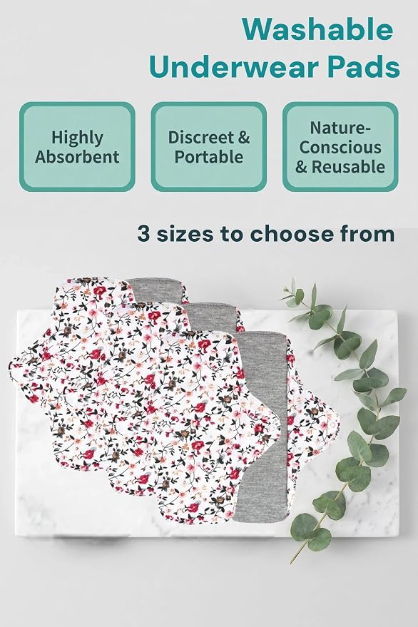 Washable Menstrual Pads,Reusable Incontinence Pads,Panty Liners Pads,Period Pads Sanitary Napkins,with 1 Storage Bag,for Women Postpartum/Incontinence Patients(Graphene Colored flower/M/6pcs)