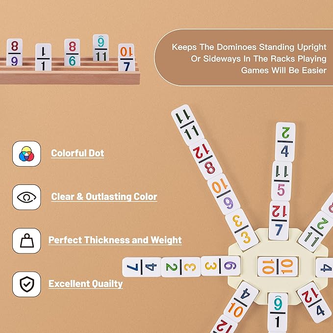 PUREPLAY Mexican Train Dominoes Set with Numbers - Double 12 Colored Number Dominoes - 91 Tiles, 9 Trains, 4 Wooden Trays & Storage Bag for 2-8 Players Ages 8+
