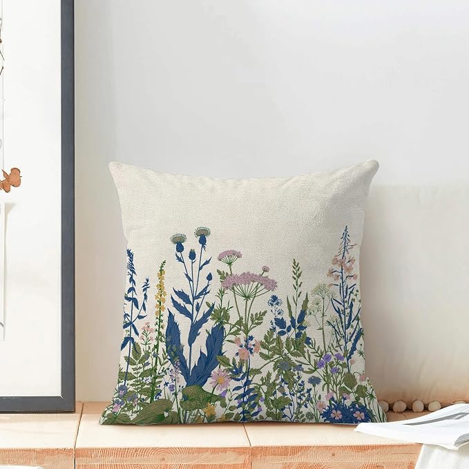 AEIOAE Navy Blue Teal Pillow Covers 20x20 Inch Set of 2, Spring Wildflower Plant Throw Pillows Case,Seasonal Floral Outdoor Decorative Flowers Farmhouse Decor Cushion Covers for Home Sofa Bed Couch