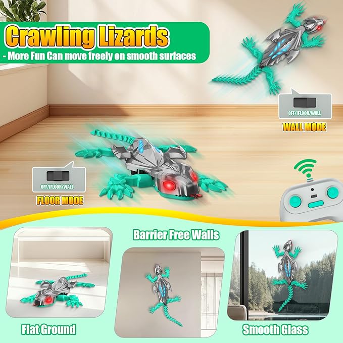 TWFRIC Wall Climbing Gecko Lizard, Robot Geckos Lizards Rechargeable Remote Control Car Toy RC Cars Toys for Kids RC Crawler for Boys & Girls Ages 6 & Up Halloween Christmas Birthday Gifts (Grey)