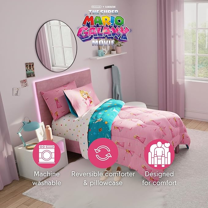 The Super Mario Galaxy Movie Bedding Set, Twin Size 5 Piece Set Kids Super Soft Cozy Reversible Comforter and Sheet Set with Sham, Princess Peach (100% Officially Licensed Product) by Franco