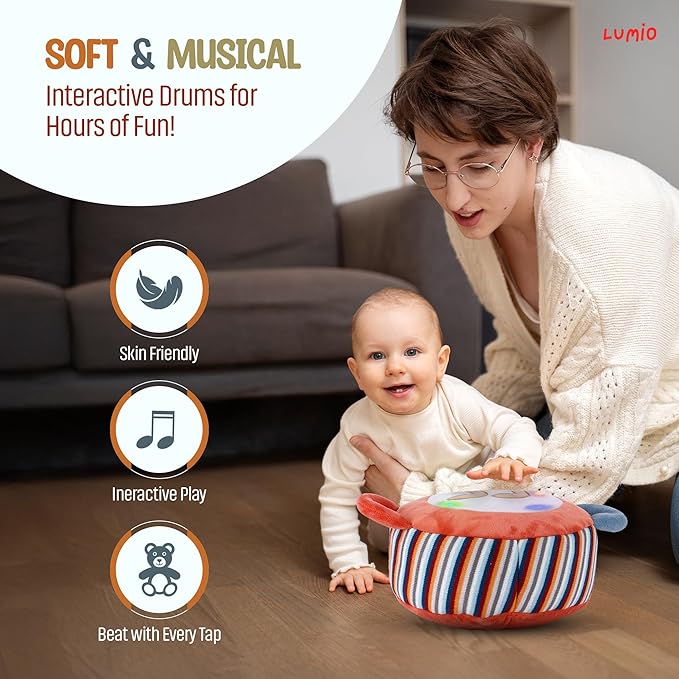Lumio Interactive Musical Plush Toy with Lights and Sounds - Sensory Toy for 3 6 9 12-18 Months and up, Perfect for Tummy Time Rhythm Learning (Guitar) (Drum)