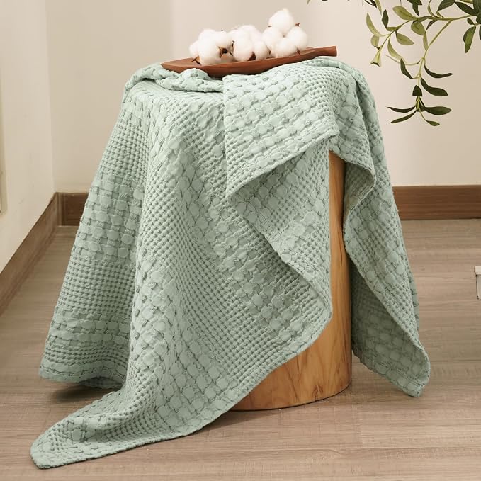 PHF 100% Cotton Waffle Weave Throw Blanket, Lightweight Breathable Summer Blanket for Couch Sofa, Pre-Washed Soft Throws for Bed, Office, Travel & Stylish Home Decor, 50"x60", Mint Green