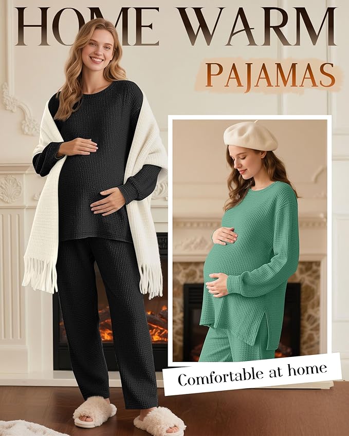3 Pack Women's Maternity Shirts Long Sleeve Waffle Knit Side Split Oversized Tops Pregnancy Clothes Fall Tees